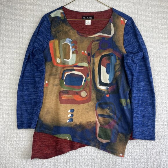 Mode Vin Rouge Women's XL Abstract Art AOP Shirt Top Canada Made Asymmetrical - Picture 1 of 15